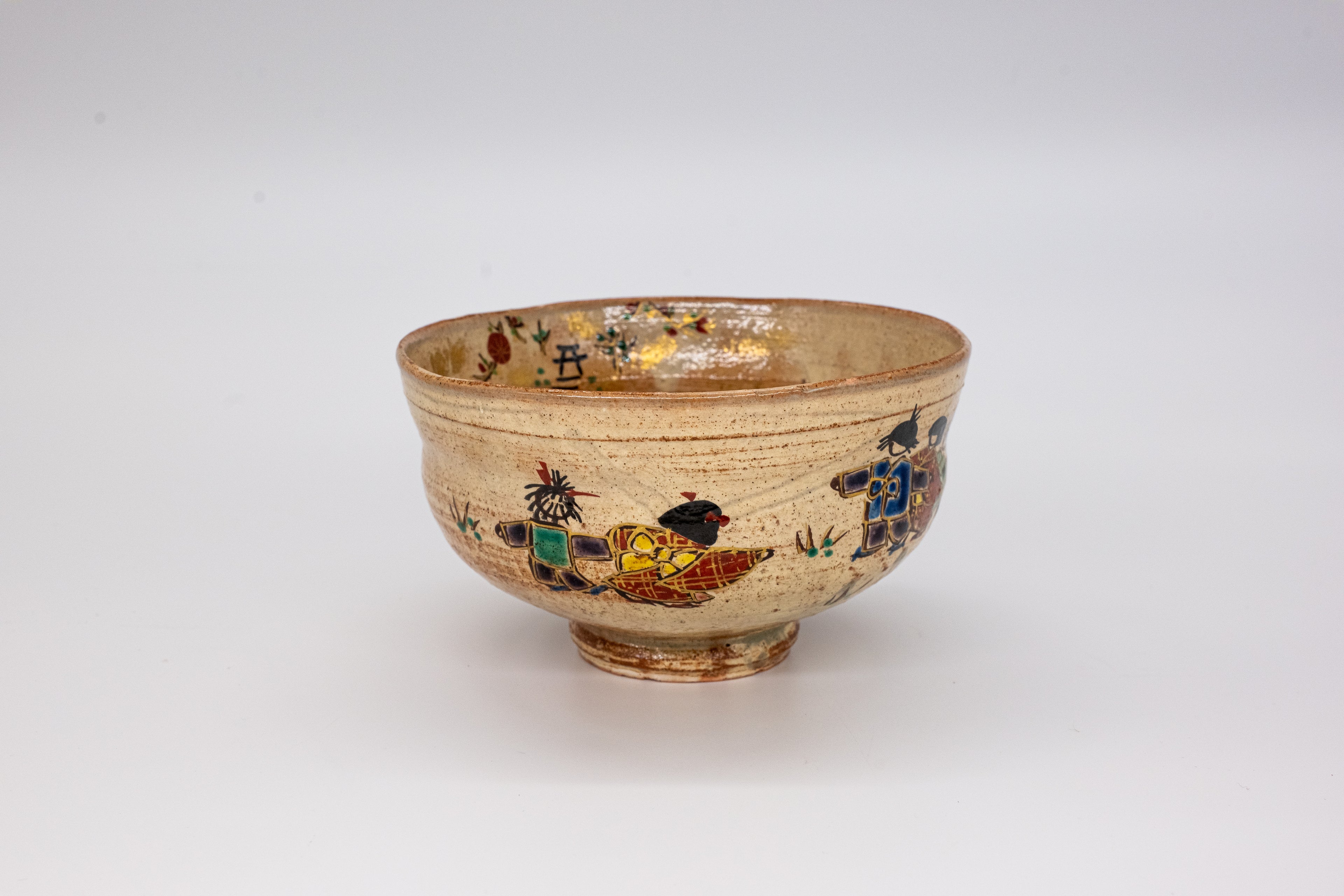 Vintage Japanese Iro-e Matcha Bowl with Procession Motif