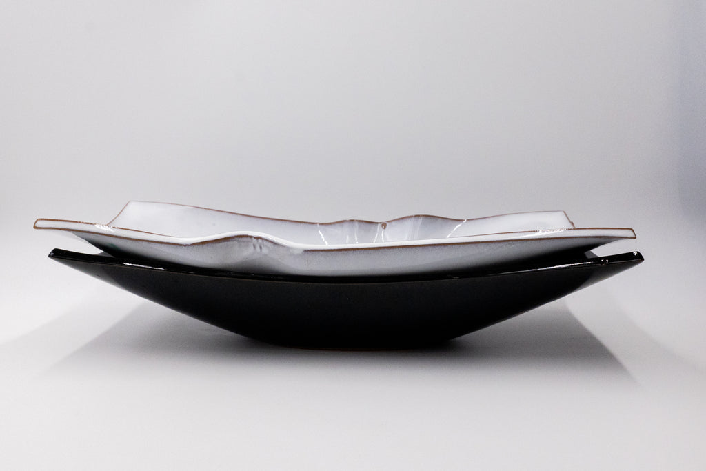 Vintage Japanese Sculptural Serving Platters - Black & White Pair